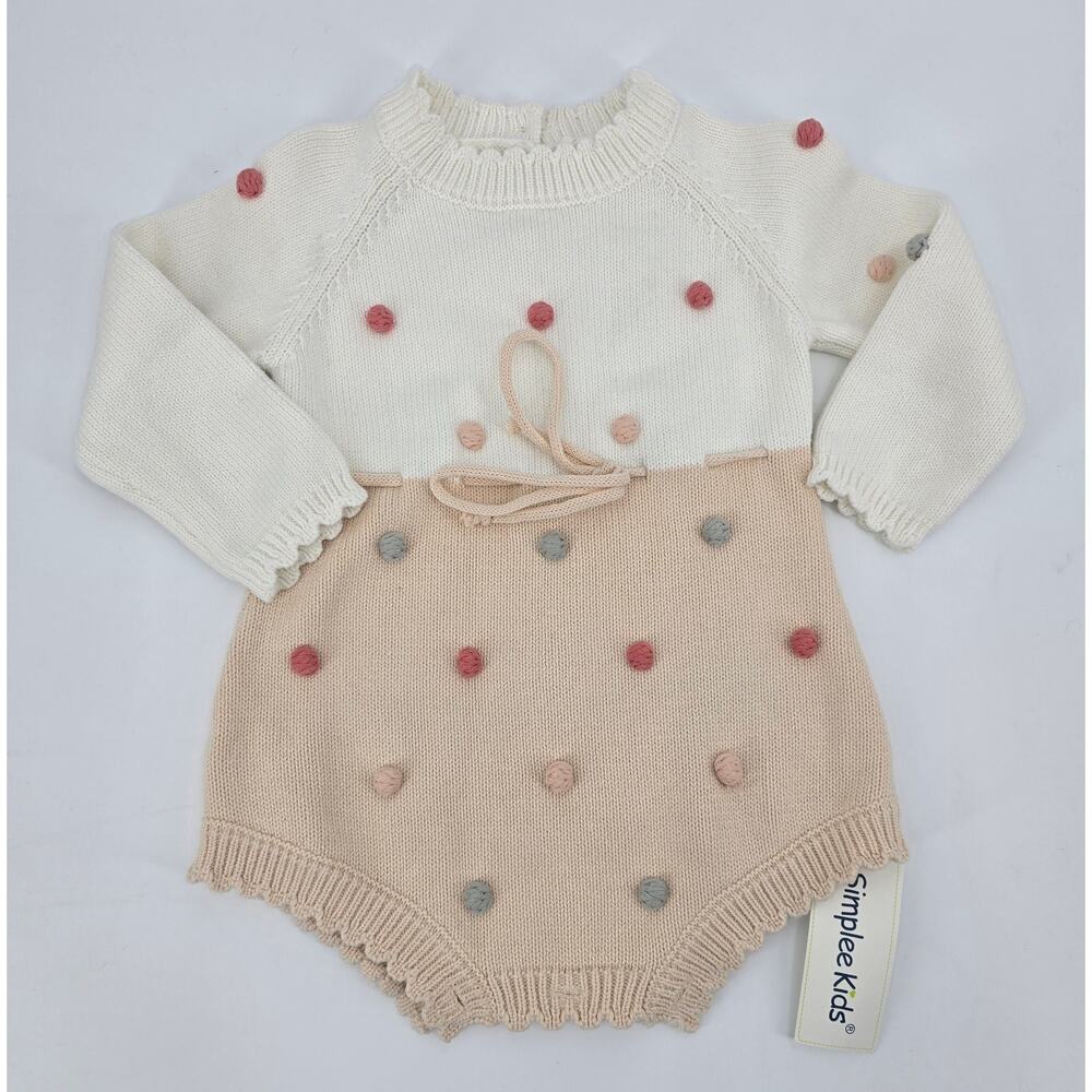 Simplee Kids Nordic Baby Knit Long Sleeve Pom Pom  Sweater RomperSize 90 18–24M